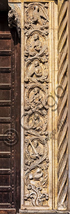 Architectural detail of the right jamb of the portal at St. Lawrence Church in Vicenza