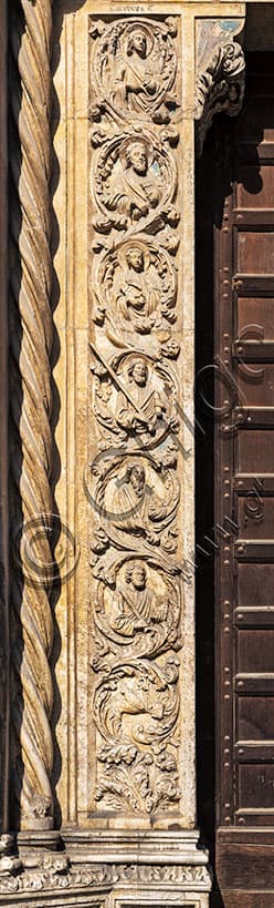 Left jamb of the portal, facade of St. Lawrence Church in Vicenza, Veneto