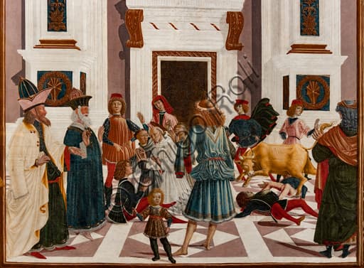 Particolare del dipinto Storie di San Bernardino, scena della guarigione di Nicola da Prato travolto da un toro, Galleria Nazionale dell'Umbria, Perugia