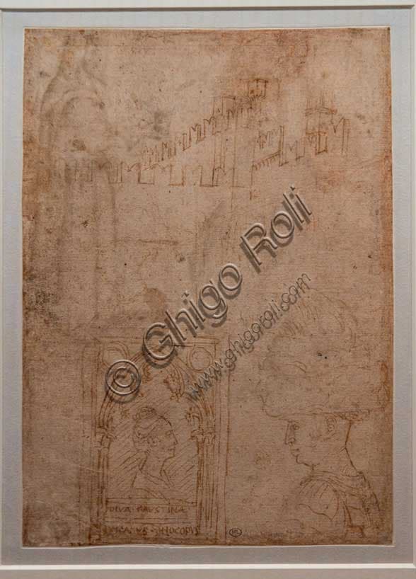 Pisanello drawing from 1435 showing foreshortened architecture studies and portraits of Gianfrancesco Gonzaga and Niccolò III d'Este
