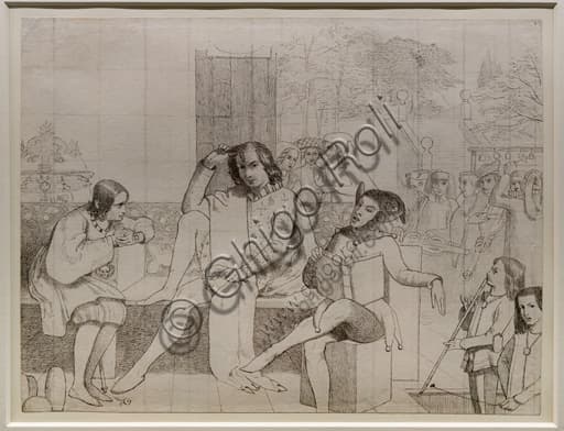 Studio disegno a matita e inchiostro per il dipinto La dodicesima notte di Walter Howell Deverell, 1850