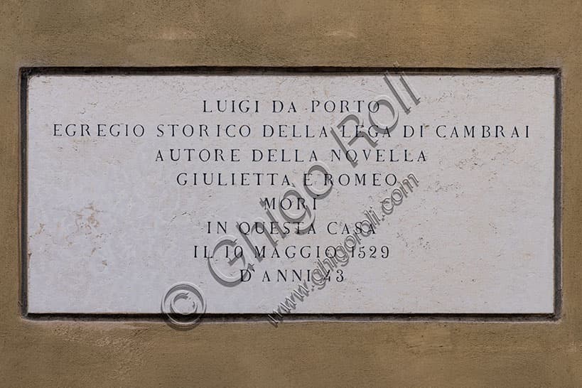 Bronze plaque dedicated to Luigi da Porto, Vicenza writer creator of Romeo and Juliet, in Vicenza Italy