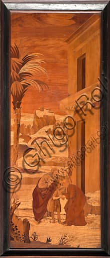 Wood intarsia St John the Baptist takes leave from his family, Garassino, Genoa Cathedral
