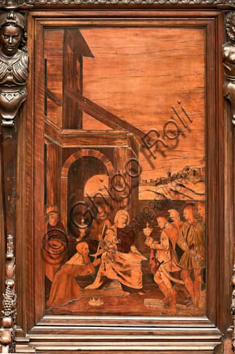 Wood intarsia Adoration of the Magi by Gian Michele De' Pantaleoni, Genoa Cathedral, inside presbytery south side
