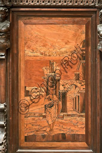 Wood intarsia The Baptist in the wilderness by Giovanni Francesco Zambelli, choir of St. Lawrence Cathedral Genoa