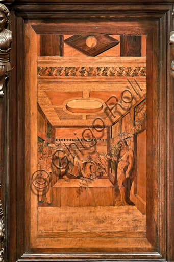 Wood intarsia The Baptist reproves Herod by Giovanni Francesco Zambelli, choir St. Lawrence Cathedral Genoa