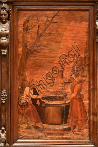 Wood intarsia Christ and the Samaritan Woman at the well by Gian Michele De' Pantaleoni, Genoa Cathedral