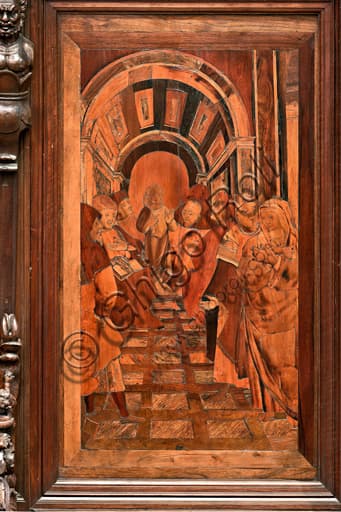 Wood intarsia Christ among the Doctors by De' Pantaleoni, St. Lawrence Cathedral Genoa, interior presbytery apse choir south side