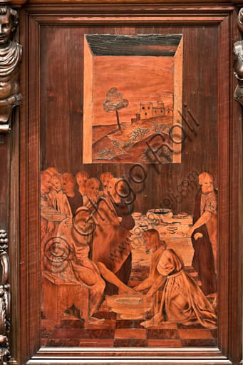 Wood intarsia The Washing of the Feet, Gian Michele De' Pantaleoni, St. Lawrence Cathedral Genoa