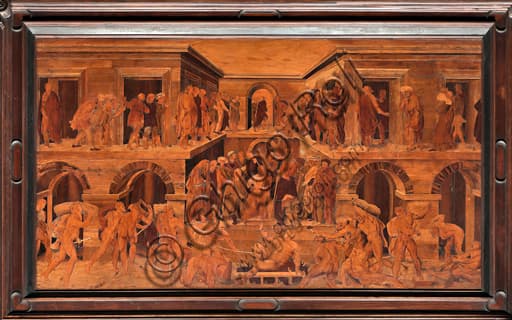 Detail of 'The Martyrdom of St. Lawrence' wood intarsia by Giovanni Francesco Zambelli in the choir of Genoa Cathedral
