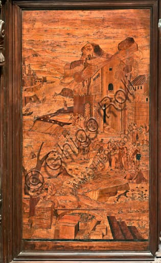Moses rescued from the waters wood intarsia by Zambelli, choir Genoa Cathedral