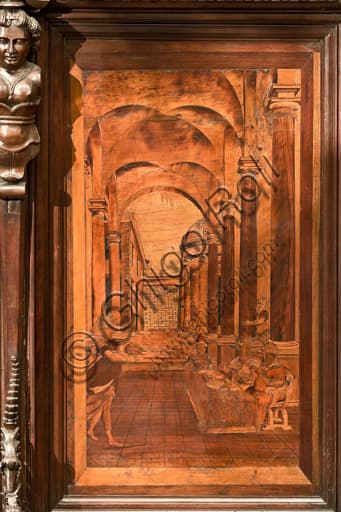 Wood intarsia of Salome with the Baptist's head in Genoa Cathedral, choir detail