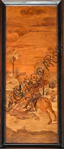 St George and the dragon wood intarsia, choir Genoa Cathedral, Garassino 19th century artwork