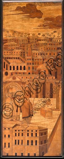 Wood intarsia St. Syrus basilisk, north choir, Genoa Cathedral Duomo Italy