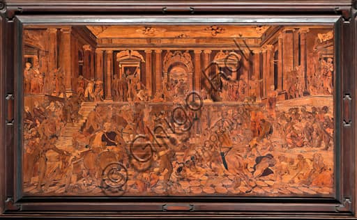 Detail of wood intarsia The Massacre of the Innocents, choir Genoa Cathedral, work by Giovanni Francesco Zambelli 16th century