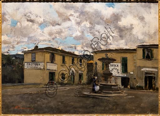 Oil on canvas painting 'The Small Square in Settignano in a Rainy Day' by Telemaco Signorini