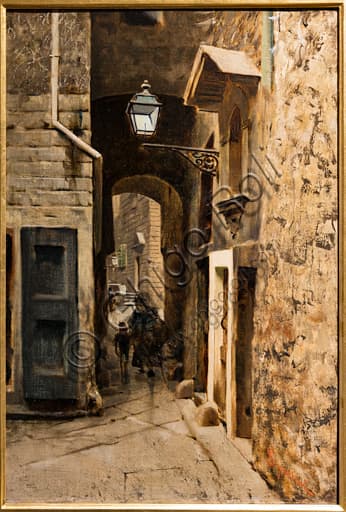 Detail of the painting Cavalieri Street in the Old Ghetto of Florence, oil on canvas by Telemaco Signorini