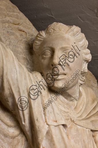 Marble sculpture of an angel's head, detail of the funeral monument for Cardinal Luca Fieschi, Diocesan Museum Genoa, by Giovanni di Balduccio's workshop, circa 1336.