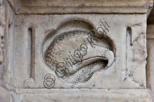 Sculptural detail Eagle Head, carved panel on the main portal of Genoa Cathedral (St. Lawrence), by the Master of the Ark of the Baptist