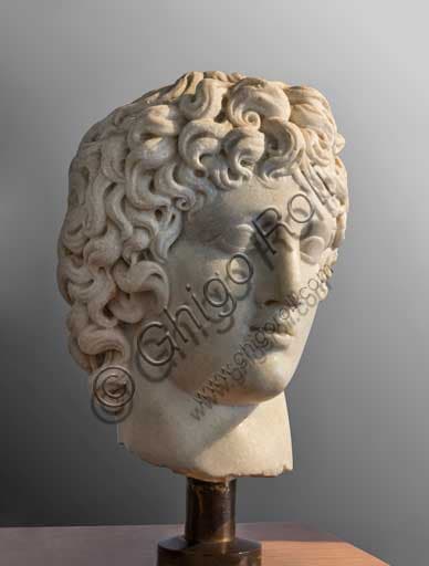Idealized marble head of a youth with bushy hair, classical sculpture from the Fiesole Archaeological Museum