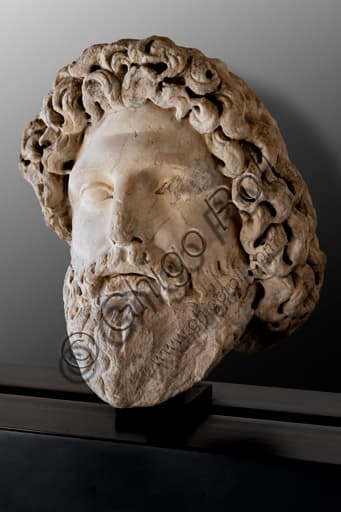 Ancient Roman marble head sculpture portrait of deity, Trinci Palace Archaeological Collection Foligno