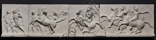 Detail of Bertel Thorvaldsen's frieze 'The Entry of Alexander the Great into Babylon' featuring soldiers and horses, an example of Neo Classical sculpture.