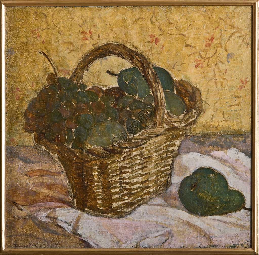 Still Life with a Basket oil on canvas painting by Tino Pelloni, Assicoop - Unipol Collection