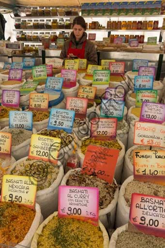 Different kinds and categories of rice for sale at the Piazza delle Erbe market in Padua, Italy