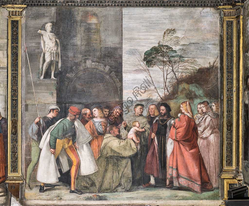 Fresco The baby proclaims the innocence of the mother by Titian Vecellio, School of the Saint, Basilica of Saint Anthony Padua