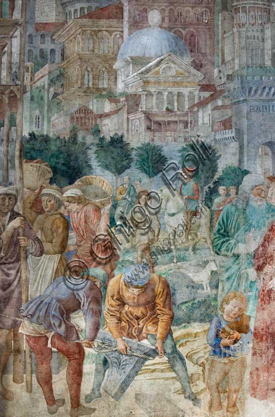 Particolare dell'affresco della Torre di Babele di Benozzo Gozzoli, Camposanto monumentale di Pisa, 1469/70