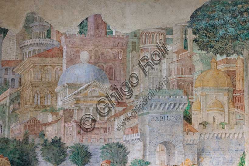 Dettaglio con alberi e paesaggio urbano dell'affresco della Torre di Babele di Benozzo Gozzoli nel Camposanto di Pisa