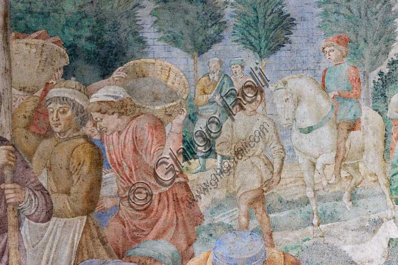 Particolare dell'affresco della Torre di Babele di Benozzo Gozzoli con uomo a cavallo, uomini al lavoro e alberi, Camposanto Monumentale di Pisa