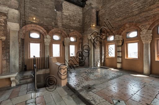 View of the corner between east and south walls, Torresani Hall, Ghirlandina Tower in Modena with works by the Campionese Masters