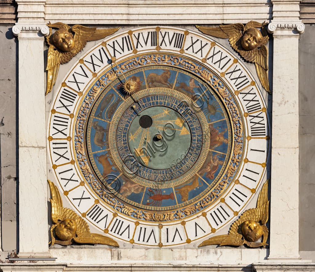Clock Tower in Brescia with detailed view of the astronomical quadrant and Zodiac signs symbols