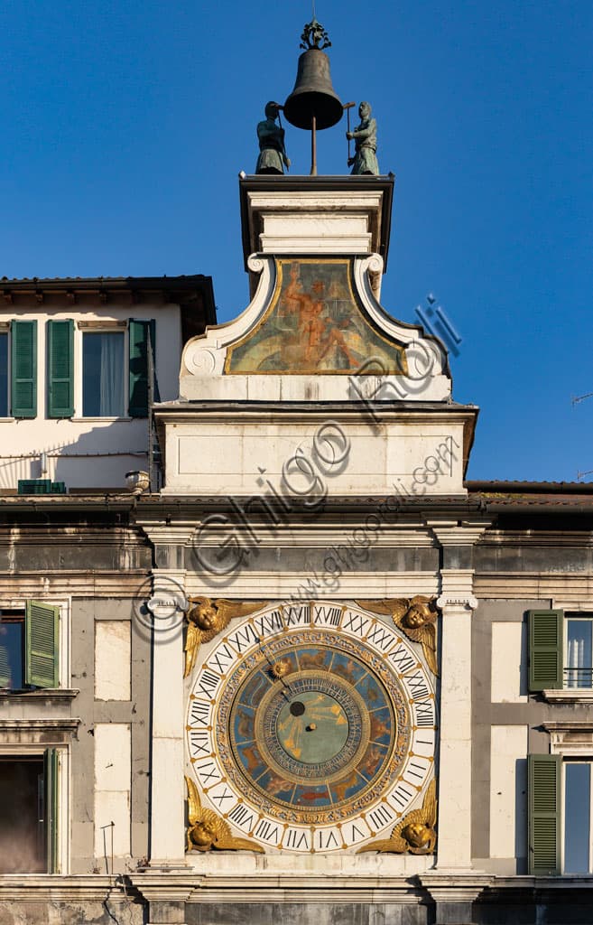 Clock Tower in Piazza della Loggia Brescia showing the astronomical dial with Zodiac signs and the Macc de le ure automata