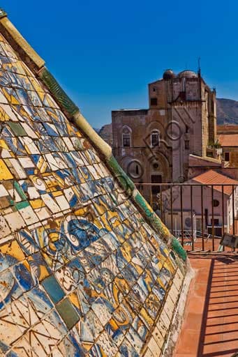 Polychrome majolica pyramidal roof of the Porta Nuova Tower, Royal Palace of Palermo (Palazzo dei Normanni)