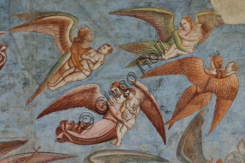 Triumph of Death - Detail fresco by Buonamico Buffalmacco in Pisa Cemetery with angels and bat demons