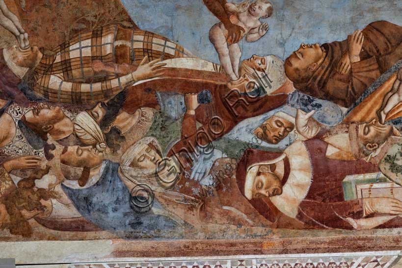 Detail of the Triumph of Death by Buffalmacco at Camposanto Pisa: skeleton, snake and skull in the meeting of living and dead