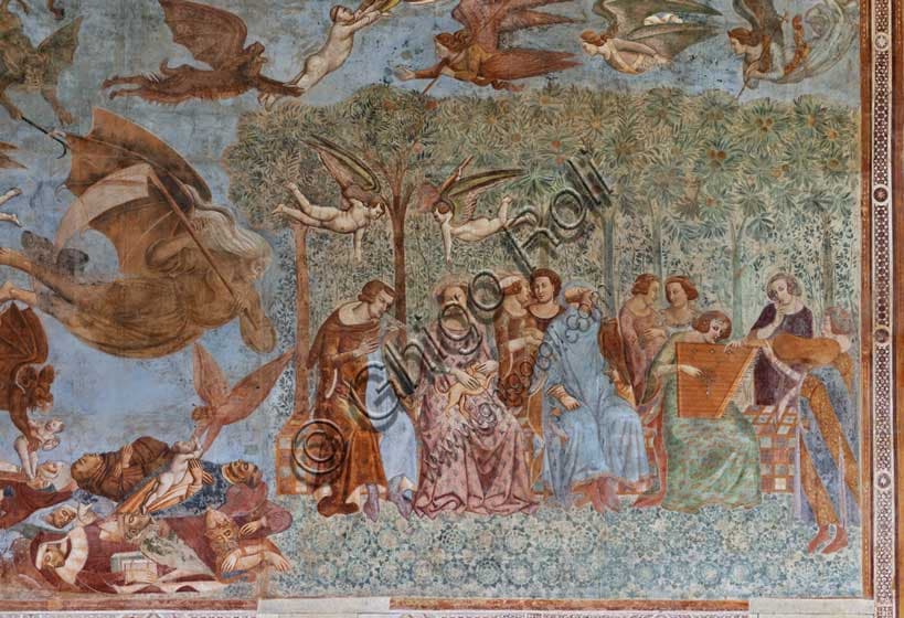 Detail of Triumph of Death fresco by Buffalmacco with men, women, horses and dogs in Pisa