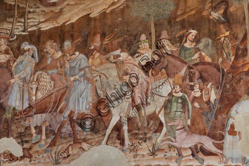 Detail of the Triumph of Death fresco by Buonamico Buffalmacco, Monumental Cemetery of Pisa, 1336-1341, with noble knights and greyhound