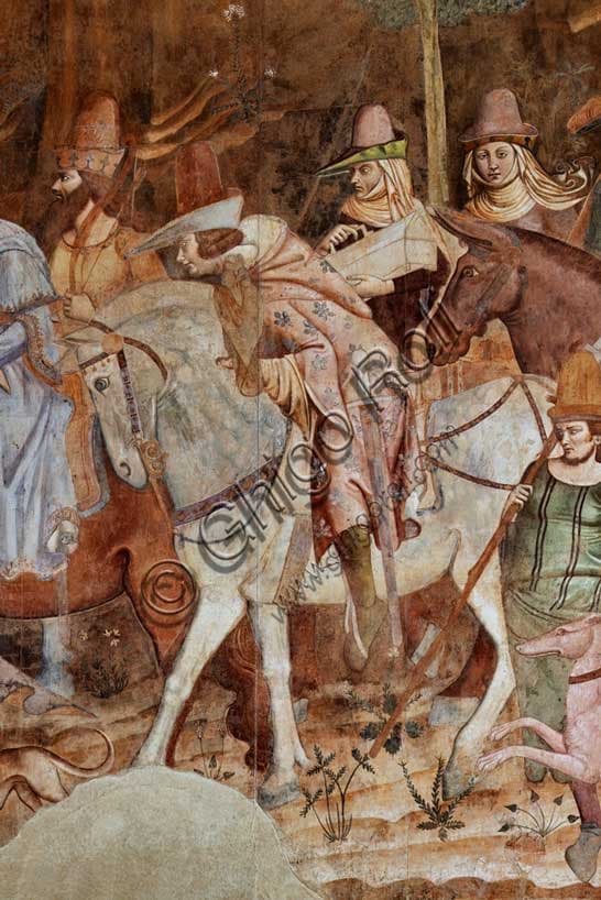 Triumph of Death fresco detail by Buonamico Buffalmacco (1336/1341) with noble medieval knights at Pisa Cemetery