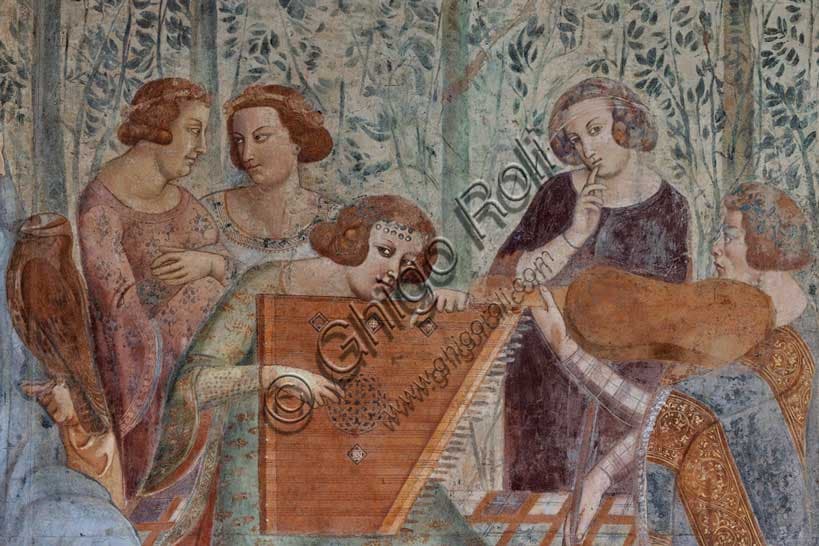 Detail of the Triumph of Death fresco by Buffalmacco: The Ten Youths in the Garden playing music, Monumental Cemetery of Pisa
