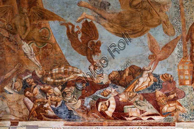 Detail of Triumph of Death fresco by Buonamico Buffalmacco: cripples calling for death and souls seized by devils, Camposanto Pisa, 1336/1341