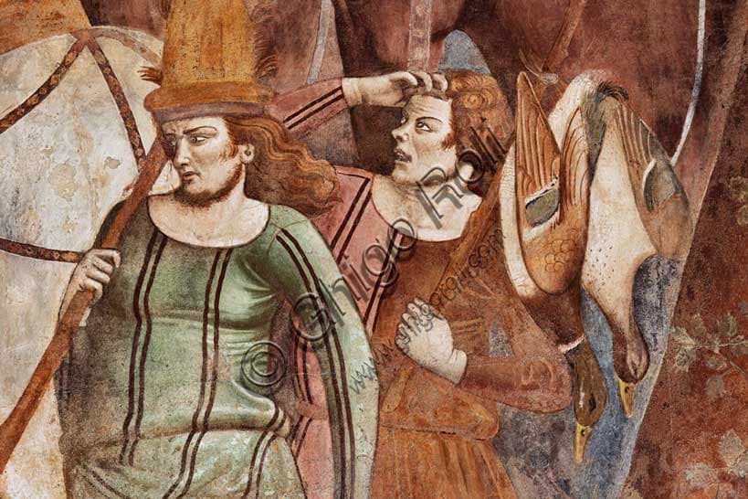 Triumph of Death fresco detail by Buffalmacco, Pisa Monumental Cemetery, noble knights and falconers