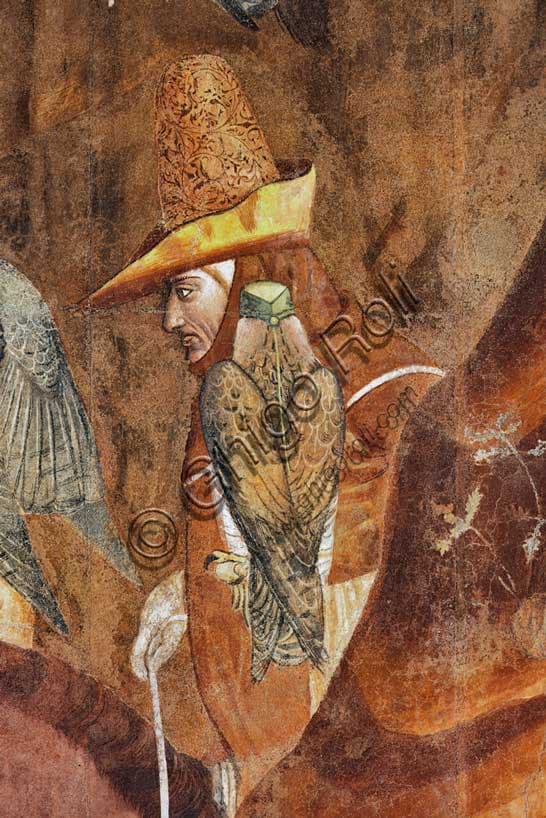 Detail of the Triumph of Death fresco by Buffalmacco: falconer with falcon, 1336/1341, Camposanto Pisa