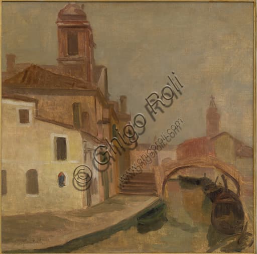 Painting Houses and a Church in Chioggia by Ugo Martelli, oil on canvas 60x60 cm