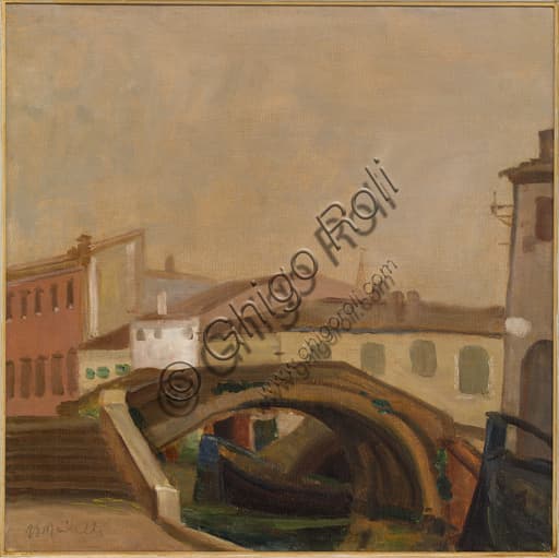Houses and a bridge in Chioggia, 60x60 cm oil on canvas painting by Italian artist Ugo Martelli