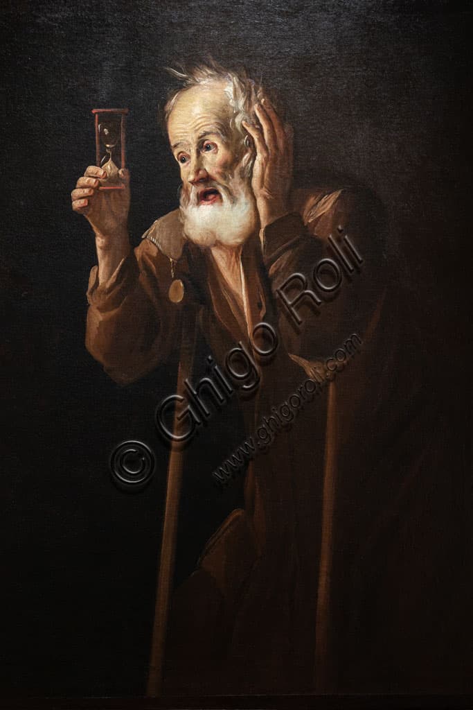 Old Man holding a hourglass - Oil on canvas painting by Antonio Cifrondi, 1717, Pinacoteca Tosio Martinengo, Brescia