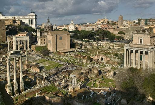 Panoramic view of the Roman Forum in Rome with the Vesta Temple, the Arch of Septimius Severus and the Temple of Antoninus and Faustina