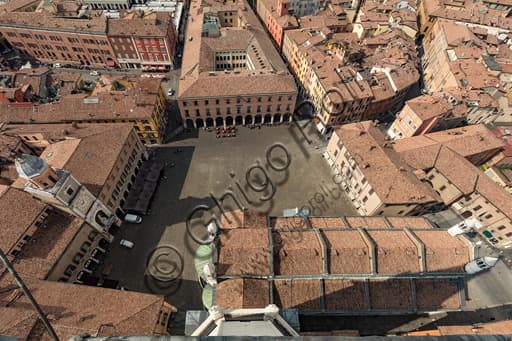 Aerial panoramic view of Piazza Grande and Modena Cathedral taken from the top of the Ghirlandina Tower, with the Municipal Tower in the foreground.